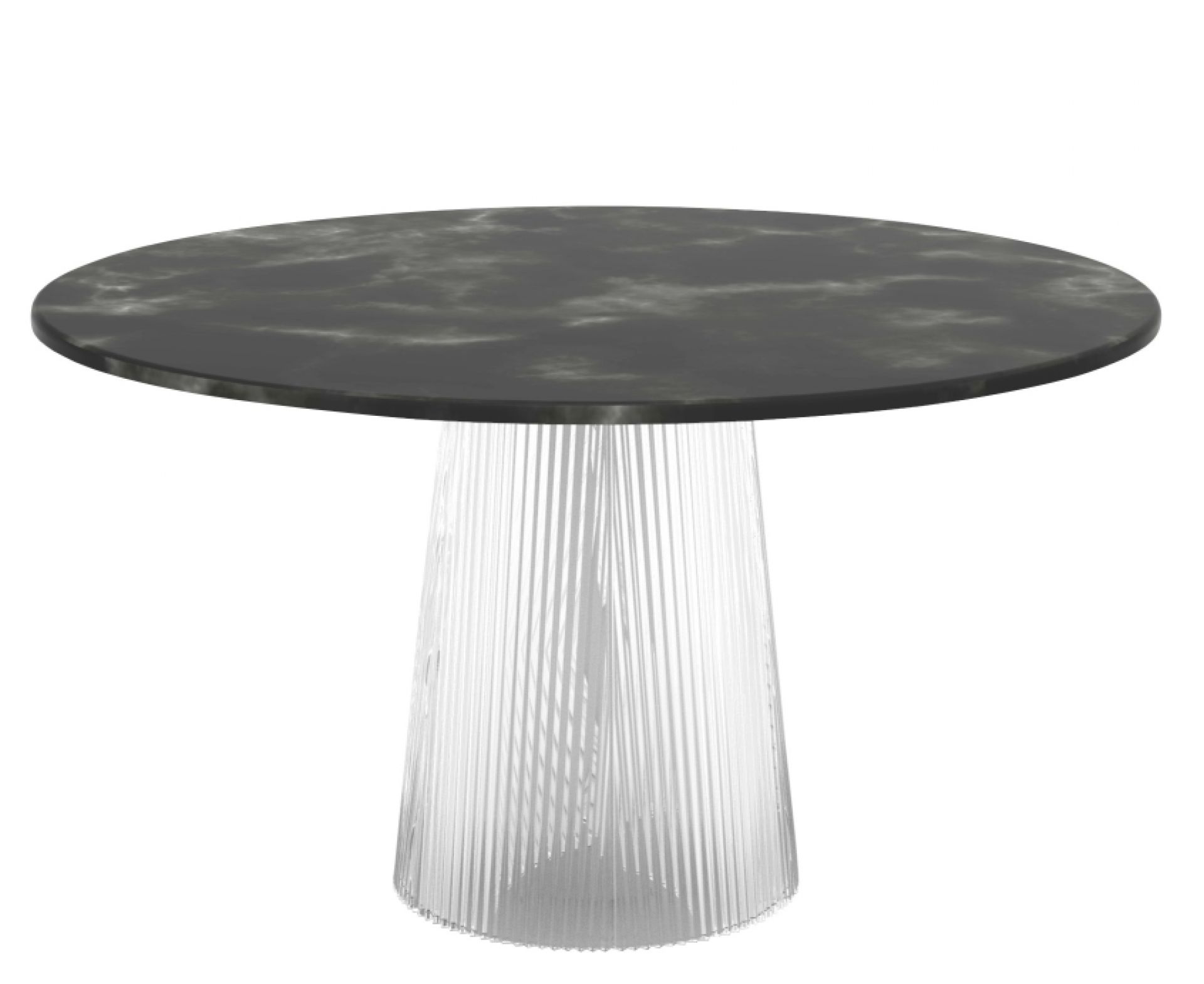 Pulpo Bent Dining Table Medium: Runder Esstisch mit grauer Tischplatte und transparentem, geripptem Fuß.